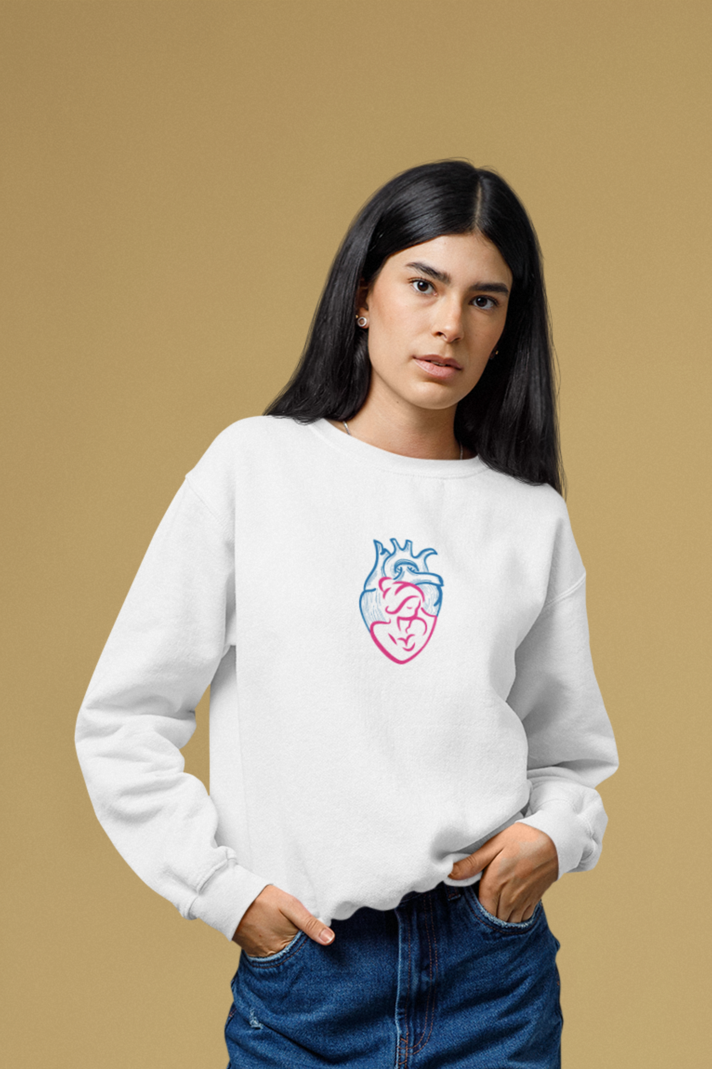 Mother Cradle Baby Heart Embroidered Crewneck Sweatshirt